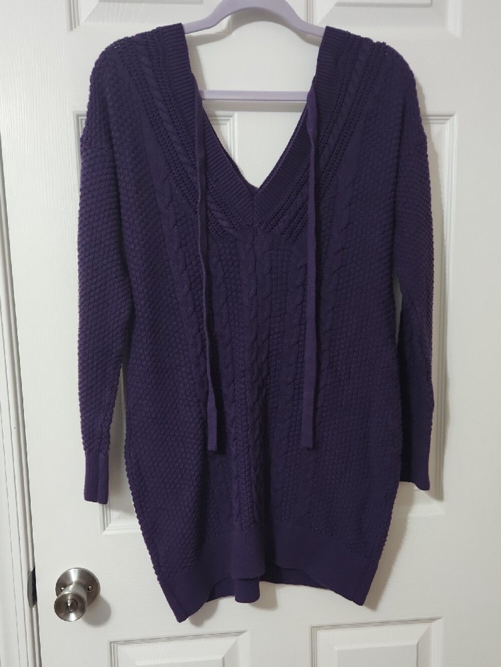 Preppy Fall Chic Abercrombie & Fitch Purple V‑Neck Cable Knit Sweater Dress - Picture 6 of 8